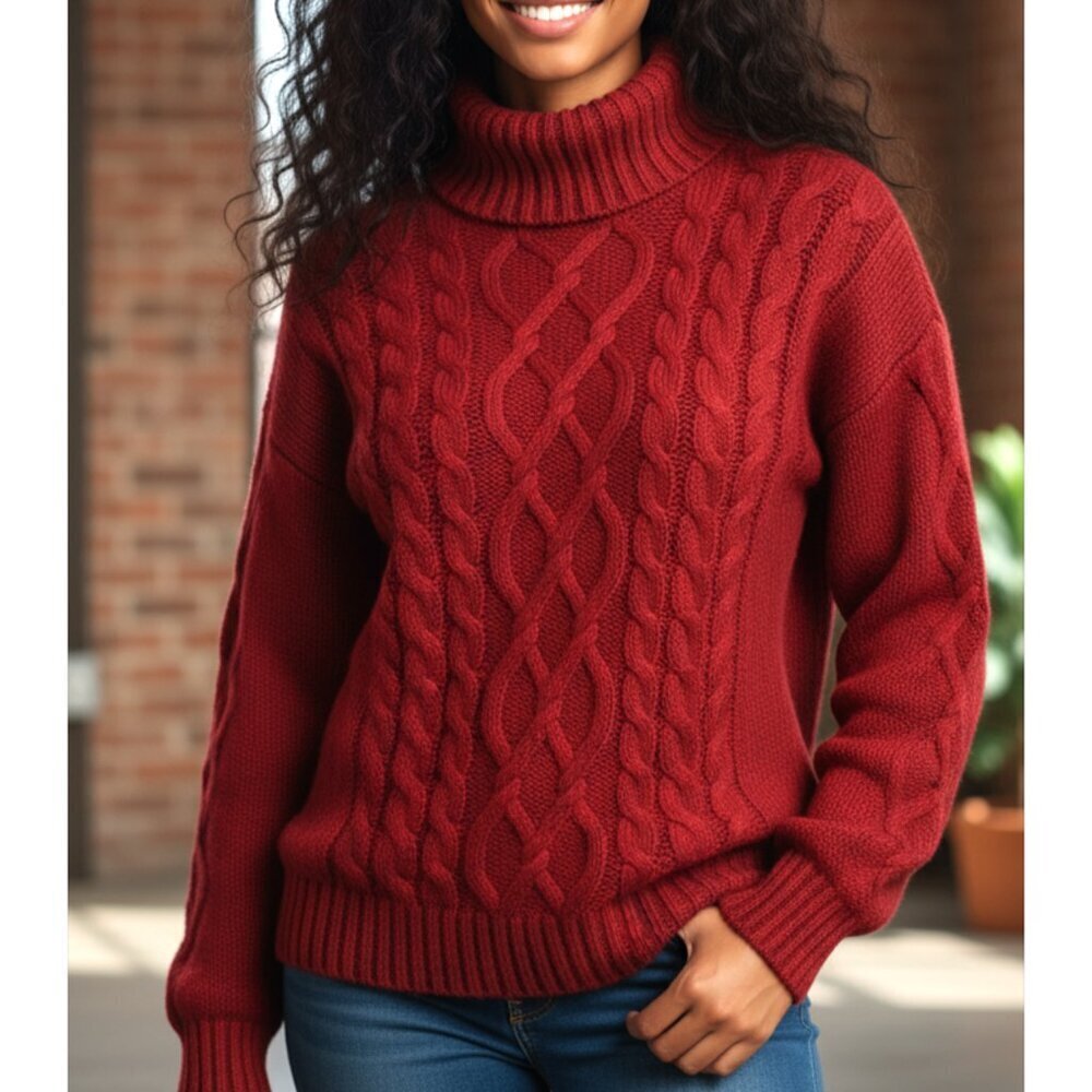 Inis Crafts Marled Red 100% Merino Wool Cable Knit Sweater Size Small
